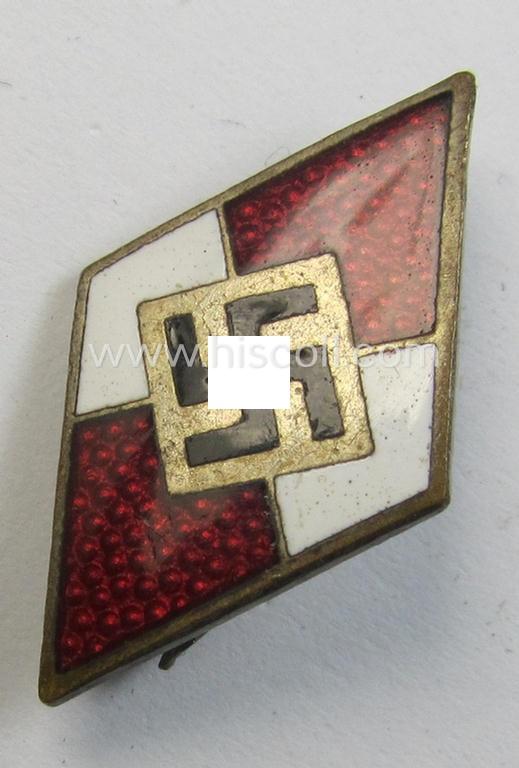 Neat - and scarcely found! - HJ (ie. 'Hitlerjugend') enamelled pin (ie.: 'Raute') as was specifically intended for insertion into the 'HJ-Fahrtenmesser' being a red-coloured example showing an: 'RzM - M1/151'-makers'-designation on its back