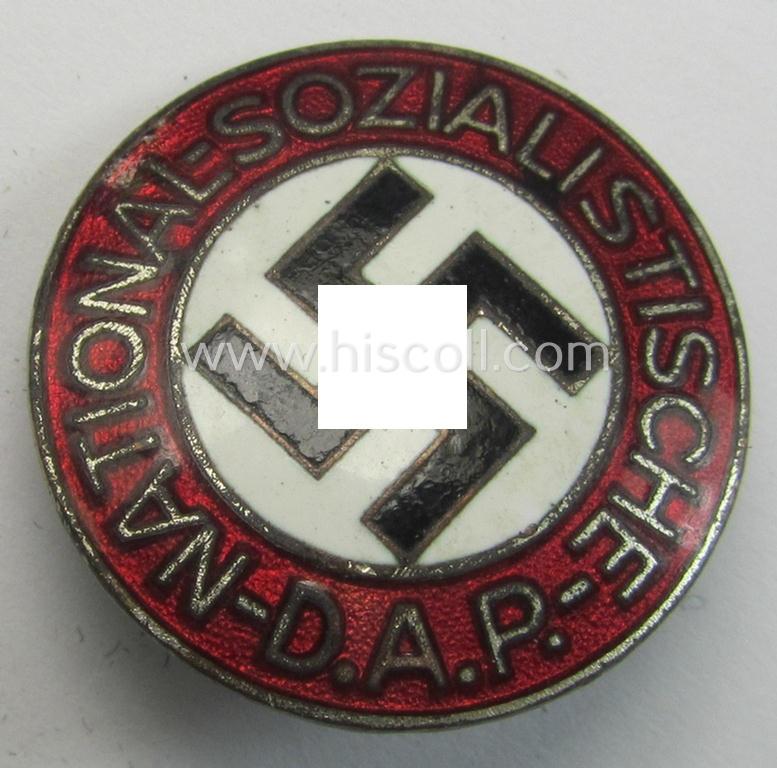 Neat - nicely preserved and scarcely found! - neatly enamelled- (and bright-red-coloured!) 'N.S.D.A.P.'-membership-pin- ie. party-badge (or: 'Parteiabzeichen') which is nicely maker-marked on its back with the makers'-logo: 'S&L'