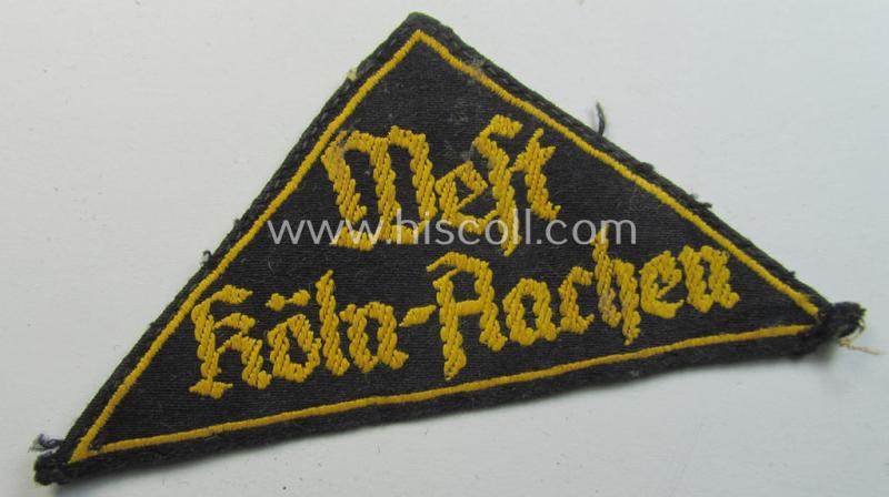 Neat - just moderately used- and/or clearly tunic- ie. shirt-removed! - example of a: 'HJ' ('Hitlerjugend') district-triangle (ie. 'Gebietsdreieck') entitled: 'West Köln-Aachen' (being an untouched example that misses its 'RzM'-etiket)