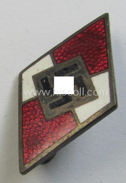 Neat - albeit moderately worn! - HJ (ie. 'Hitlerjugend') enamelled lapel-pin (ie.: 'Raute') being a bright-red-coloured- and/or detailed - and non-cleaned and untouched! - example showing an: 'RzM - M1/14'-makers'-designation