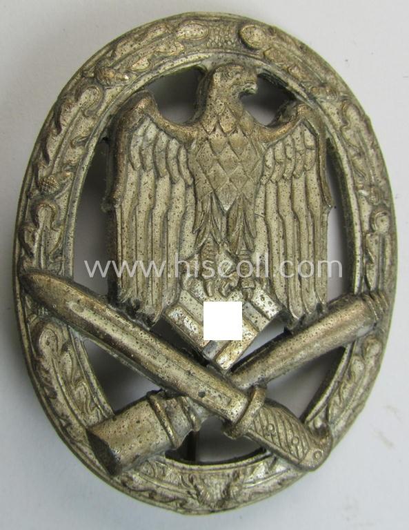 Attractive, 'Allgemeines Sturmabzeichen' (or: General Assault Badge ie. GAB) being a typical unmarked, zinc-based- (ie. 'Feinzink'-) and/or: 'semi-hollow-back'-version as was (I deem) produced by the: 'Rudolf Karneth'-company