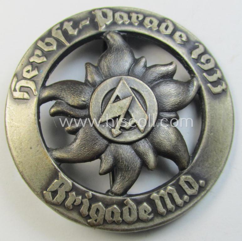 Superb, silver-toned- (and - I deem - 'Buntmetall'-based) SA-related day-badge (ie. 'tinnie' or: 'Veranstaltungsabzeichen') as was issued to commemorate the: 'Herbst-Parade der SA-Brigade MO - 1933'