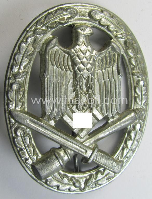 Attractive, 'Allgemeines Sturmabzeichen' (or: General Assault Badge ie. GAB) being a non-maker-marked, zinc- (ie. 'Feinzink'-) based: 'flat-back-variant' as was (presumably) produced by the maker (ie. 'Hersteller'): 'Biedermann & Co'