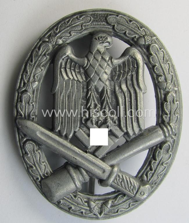 Attractive, 'Allgemeines Sturmabzeichen' (or: General Assault Badge ie. GAB) being a non-maker-marked, zinc- (ie. 'Feinzink'-) based: 'flat-back-variant' as was (presumably) produced by the maker (ie. 'Hersteller'): 'Biedermann & Co'