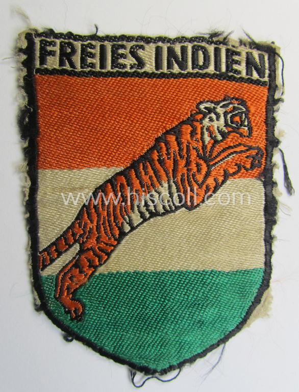 Stunning - and exceedingly rarely encountered! - German-produced, 'BeVo'-type armshield entitled: 'Freies Indien' (being a piece that was intended for a volunteer who served within the: 'Deutsche Wehrmacht' ie. the Indian Legion)