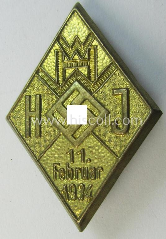 Attractive - and scarcely encountered! - HJ- (Hitlerjugend-) ie. WHW-related day-badge (ie. 'tinnie' or: 'Veranstaltungsabzeichen') as was issued to commemorate a HJ- ie. WHW-related gathering ie. rally held on: '11. Februar 1934'