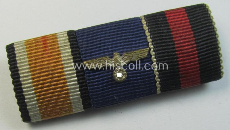 Attractive, 3-pieced, WWII-period ribbon-bar (ie. 'Feld- o. Bandspange') showing the ribbons for an: 'EK II.Kl.', a: WH 'Dienstauszeichnung der 4. Stufe' and a Czech 'Anschluss'-medal