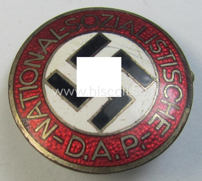 Attractive - bright-red-coloured and nicely preserved! - 'N.S.D.A.P.'-membership-pin- ie. party-badge (or: 'Parteiabzeichen') which is maker-marked on its back with the makers'-designation: 'RzM' and/or: 'M1/6'