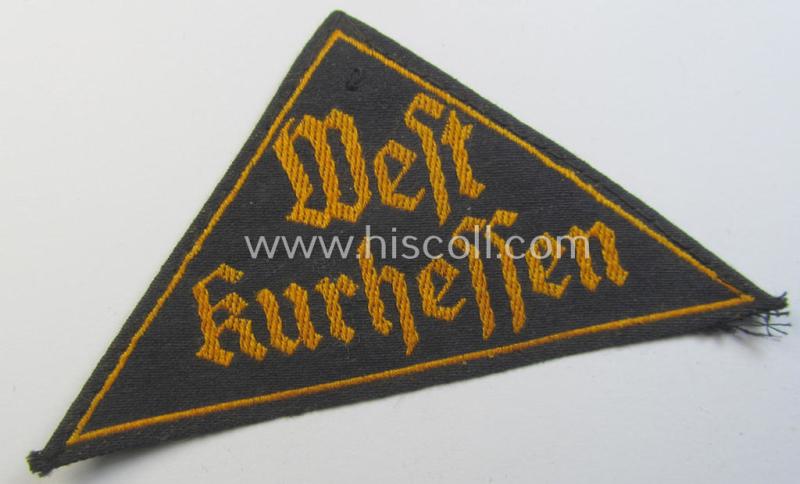 Attractive - and not that easily ie. truly scarcely found! - 'HJ' ('Hitlerjugend') district-triangle (ie. 'Gebietsdreieck') entitled: 'West Kurhessen' (being a moderately used- ie. worn example that regrettably misses its 'RzM'-etiket)