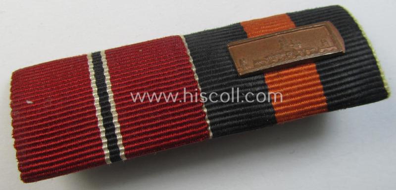 Attractive, 2-pieced WWII-period ribbon-bar (ie. 'Feld- o. Bandspange') showing the ribbons for an: 'Ost'-medal and a Czech 'Anschluss'-medal with attached 'PB'-Spange