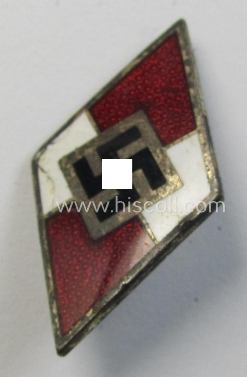 Neat - and scarcely found! - HJ (ie. 'Hitlerjugend') enamelled pin (ie.: 'Raute') as was specifically intended for insertion into the 'HJ-Fahrtenmesser' being a red-coloured example showing an: 'RzM - M1/71'-makers'-designation on its back