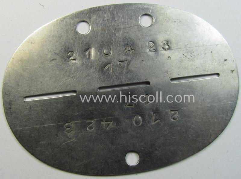 Superb - rarely found and stainless-steel-based! - WH (LW) ie. 'Fallschirmjäger'-related ID-disc, bearing the 'coded'-unit- ie. 'MOB'-designation: '210423' (and as such belonging to a soldier who served within the: '3./Sturm-Rgt.')