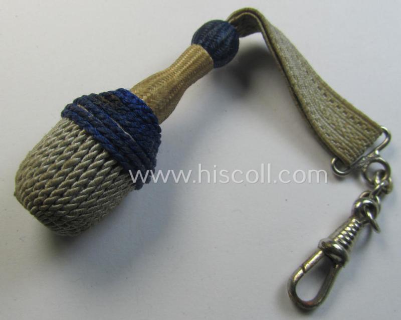 Attractive, smaller-sized (ie. miniature) so-called: 'watch-fob' (ie. key-holder) as executed in the form of a darker-blue-/white-coloured NCO-type side-arm knot (ie. 'Portepee' or: 'Troddel') as was used for the various WH-type bayonets