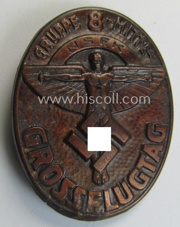 Attractive, reddish-bronze-toned N.S.F.K.-related day-badge (ie. 'tinnie') being a non-maker-marked example as was issued to commemorate a specific meeting ie. national rally entitled: 'N.S.F.K. Grossflugtag - Gruppe 8 Mitte'