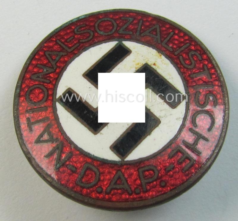 Attractive - bright-red-coloured and nicely preserved! - 'N.S.D.A.P.'-membership-pin- ie. party-badge (or: 'Parteiabzeichen') which is maker-marked on its back with the makers'-designation: 'RzM' and/or: 'M1/8'