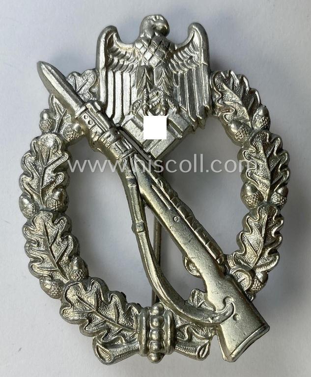 Stunning, 'Infanterie Sturmabzeichen in Silber' being a maker- (ie. 'W.H.'-) marked and/or quite converse, 'solid-back' example by the Austrian-based maker: 'Wilhelm Hobacher' as was executed in bright silver-coloured, zinc-based metal