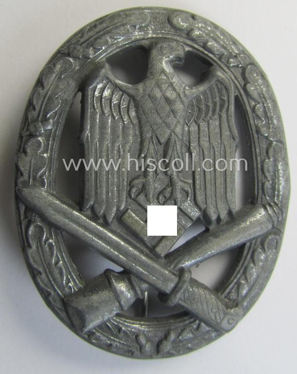 Attractive, 'Allgemeines Sturmabzeichen' (or: General Assault Badge ie. GAB) being a typical unmarked, zinc-based- (ie. 'Feinzink'-) and/or: 'semi-hollow-back'-version as was (I deem) produced by the: 'Rudolf Karneth'-company