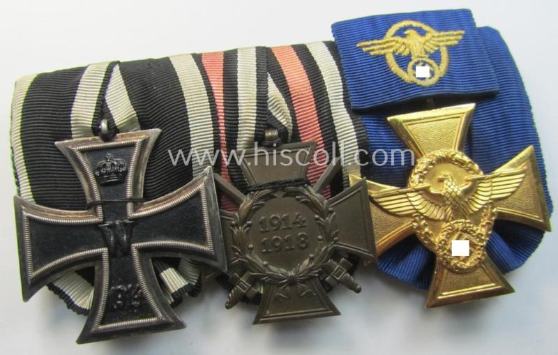 Superb, 3-pieced 'WWI- o. Polizei'-related medal-bar- (ie. 'Ordenspange'-) resp. depicting a WWI-period: 'EK II.Kl.', a: 'FKK 1914-18' and a: 'Polizei-DA 1. St.' and that comes in a fully untouched condition