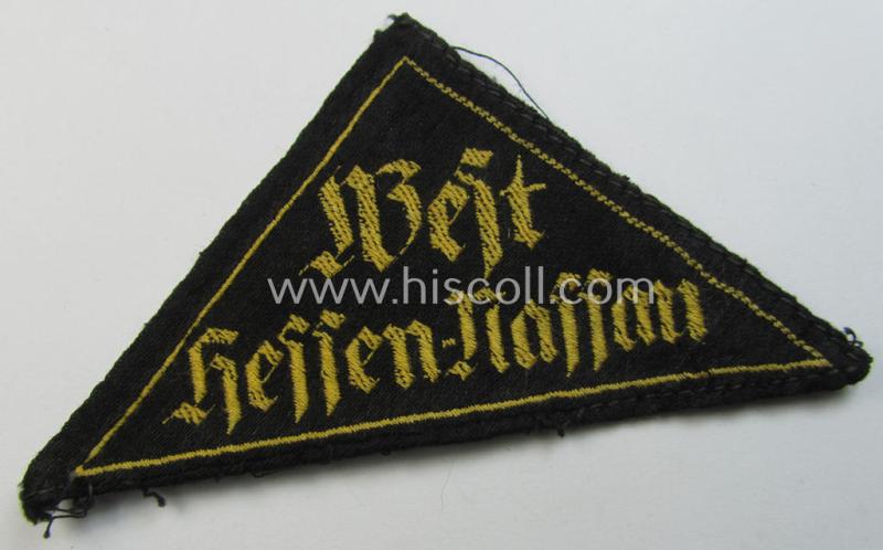 Attractive - and early-period! - 'HJ' ('Hitlerjugend') district-triangle (ie. 'Gebietsdreieck') entitled: 'West Hessen-Nassau' (being a clearly used- ie worn example that regrettably misses its 'RzM'-etiket)