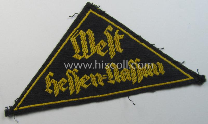 Attractive - and moderately used! - 'HJ' ('Hitlerjugend') district-triangle (ie. 'Gebietsdreieck') entitled: 'West Hessen-Nassau' (being a truly used- ie worn example that regrettably misses its 'RzM'-etiket)