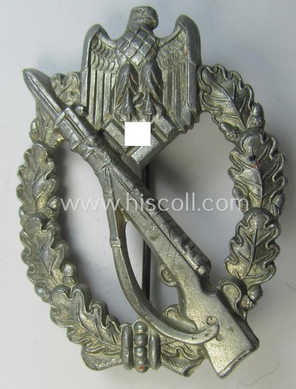 Attractive - and detailed! - 'Infanterie Sturmabzeichen in Silber' (or: silver-class infantry assault-badge ie. IAB) being a maker- (ie. 'S.H.u.C.o. 41'-) marked example as executed in bronze-toned, zinc-based metal (ie. 'Feinzink')