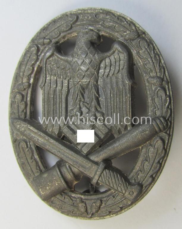 Attractive, 'Allgemeines Sturmabzeichen' (or: General Assault Badge ie. GAB) being a non-maker-marked, zinc- (ie. 'Feinzink'-) based: 'flat-back-variant' as was (presumably) produced by the maker (ie. 'Hersteller'): 'Hermann Wernstein'