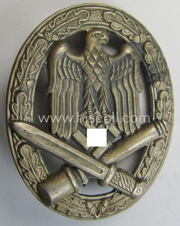 Superb, 'Allgemeines Sturmabzeichen' (or: Gen. Assault Badge ie. GAB) being a non-maker-marked, zinc- (ie. 'Feinzink'-) based: 'flat-back-variant' as was (presumably) produced by the desirable, Austrian maker (ie. 'Hersteller'): 'Wilh. Hobacher'