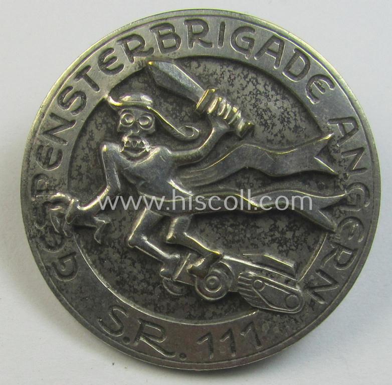 Superb - and truly scarcely encountered! - WH (Heeres) 'Truppentraditions-Abzeichen o. Ehrennadel der 11. Panzer-Division' (aka: “Angern” o. 'Gespensterbrigade') being a non-maker-marked example as executed in silvered metal (ie. 'Buntmetall')