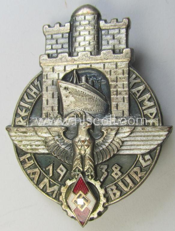 Stunning - and luxuriously styled! - HJ- ie. BDM (ie. 'Hitlerjugend' or: 'Bund Deutscher Mädel') related day-badge (ie. 'tinnie') being a golden-toned- and/or 'Feinzink'-based example as issued to commemorate the: 'Reichskampf Hamburg 1938'