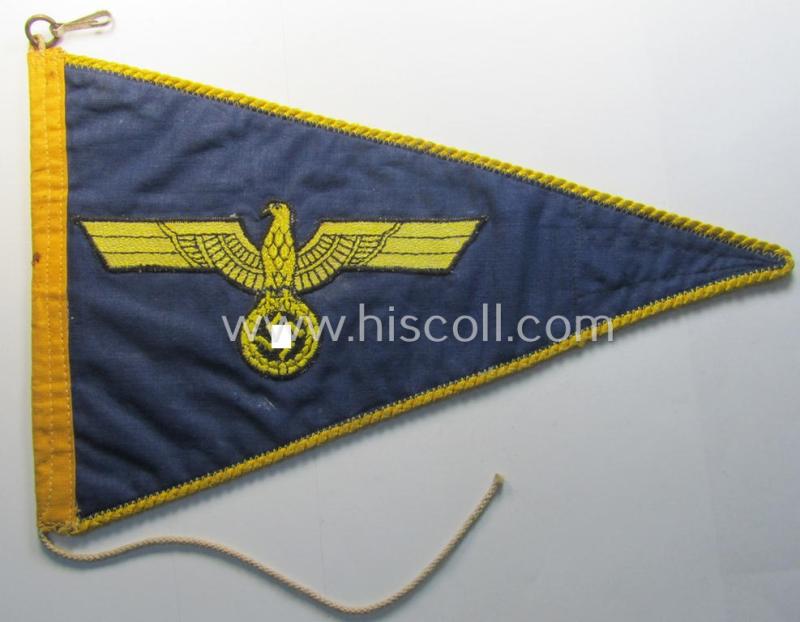 Attractive, smaller-sized WH (Kriegsmarine) so-called: 'Fahrzeugwimpel' being fabricated in typical, darker-blue-coloured and linnen-based fabric and that shows a detailed, embroidered eagle-device on both sides