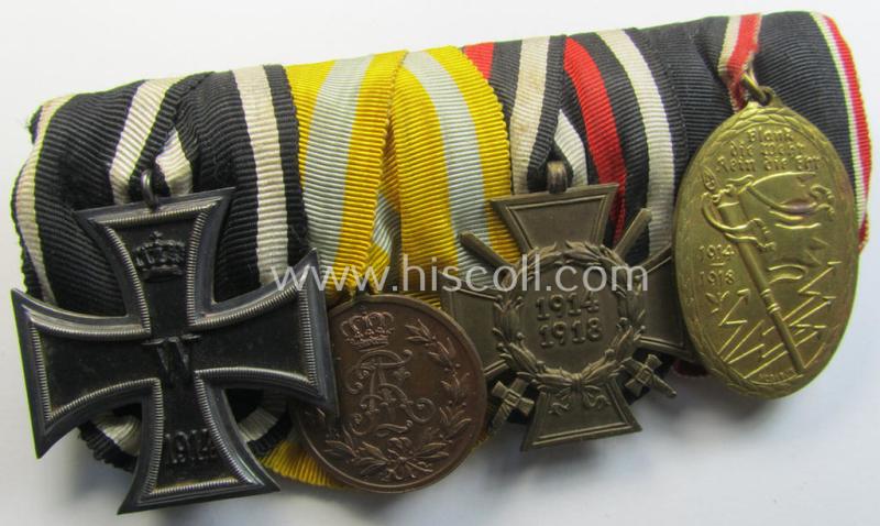 Attractive, 4-pieced WWI-period, medal-bar (ie. 'Ordenspange') resp. showing an: 'EK II.Kl', a: Sachsen 'Friedrich August'-medal, an: 'FKK 1914-18 mit Schw.' and a: 'Kyfhaüsserbund' commemorative-medal