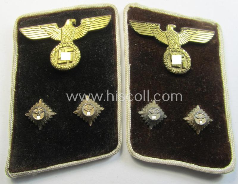 Fully matching pair of N.S.D.A.P.-type collar-patches (ie. 'Kragenspiegel für pol. Leiter') being a pair as was intended for an: 'N.S.D.A.P.-Bereitschaftsleiter' at 'Kreis'-level that still retains its period-attached 'RzM'-etiket