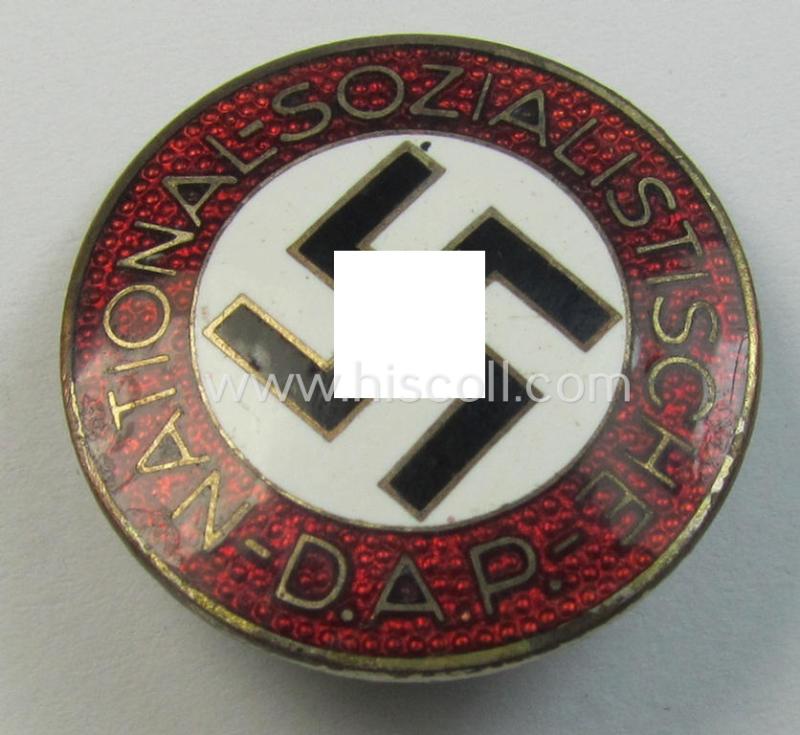 Attractive - bright-red-coloured and nicely preserved! - 'N.S.D.A.P.'-membership-pin- ie. party-badge (or: 'Parteiabzeichen') which is maker-marked on its back with the makers'-designation: 'RzM' and/or: 'M1/136'