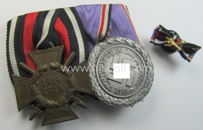 Attractive, two-pieced WWI- (ie. TR-period-) medal-bar-set (ie. 'Ordenspange u. Feld-/Bandspange-Satz') showing resp. a: 'Frontkämpferkreuz 1914-18 mit Schwertern' and a: 'Luftschutz-Ehrenzeichen 2. Stufe'