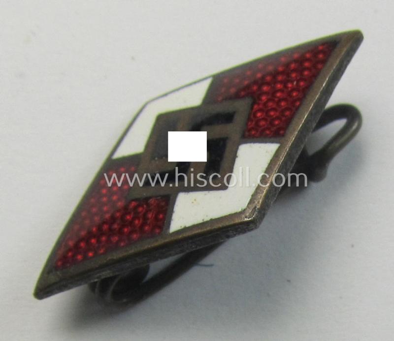 Neat - albeit moderately worn! - HJ (ie. 'Hitlerjugend') enamelled lapel-pin (ie.: 'Raute') being a bright-red-coloured- and/or detailed - and non-cleaned and untouched! - example showing an: 'RzM - M1/148'-makers'-designation