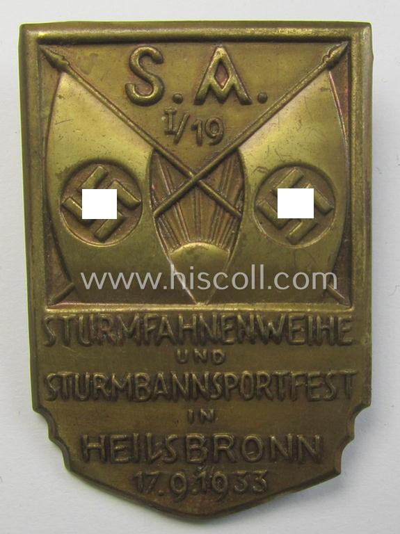 Neat - and scarcely encountered! - SA- (ie. 'Sturmabteilungen'-) related 'tinnie' being a non-maker-marked example showing two swastika-flags and text: 'S.A. I/19 - Sturmfahnenweihe und Sturmbannsportfest in Heilsbronn - 17.9.1933'