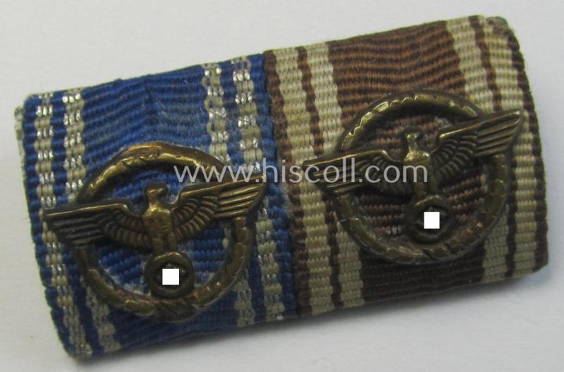 Attractive - and moderately used! - two-pieced, WWII-period- and/or N.S.D.A.P-related ribbon-bar (ie. 'Feld- o. Bandspange') showing the ribbons for two party loyal-service medals (ie.: 'N.S.D.A.P.-Dienstauszeichnungen der 2. u. 3. Stufe')