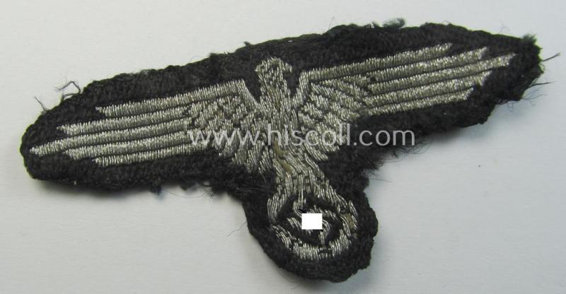 Attractive - and fairly rarely encountered! - Waffen-SS officers'-pattern, 'BeVo-flatwire'-woven-style cap-eagle (ie. 'Mützenadler für Offz. Schiffchen o. Einheitsfeldmütze') that comes in a clearly used- and/or carefully cap-removed-, condition