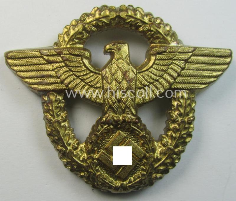 Stunning, bright-golden-toned- and/or aluminium-based, 'Polizei'-visor-cap eagle, being a maker- (ie. 'HA'-) marked example, as was intended for usage on the various: 'Wasserschützpolizei' (or: general-officers') visor-caps (ie. 'Schirmmützen')