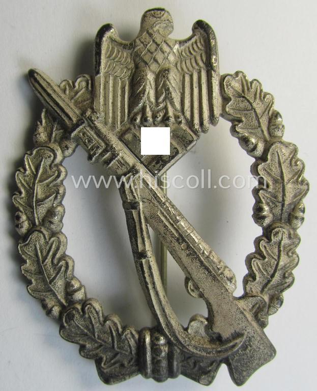 Superb, WH (Heeres- ie. Waffen-SS) 'Infanterie-Sturmabzeichen in Silber' (or bronze-class IAB) being a neatly maker- (ie. 'R.S.S.'-) marked and truly 'frosted-silver'-toned example that comes in an issued- and/or moderately used- and worn, condition