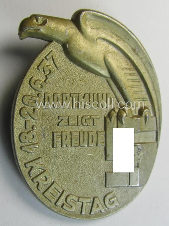 Attractive - commemorative and molded-aluminium-based! - silver-coloured N.S.D.A.P.-related 'tinnie' being a non-maker-marked example depicting a stylised eagle above a swastika-sign with below the text: 'Kreistag - Dortmund zeigt Freude - 18-2-37'