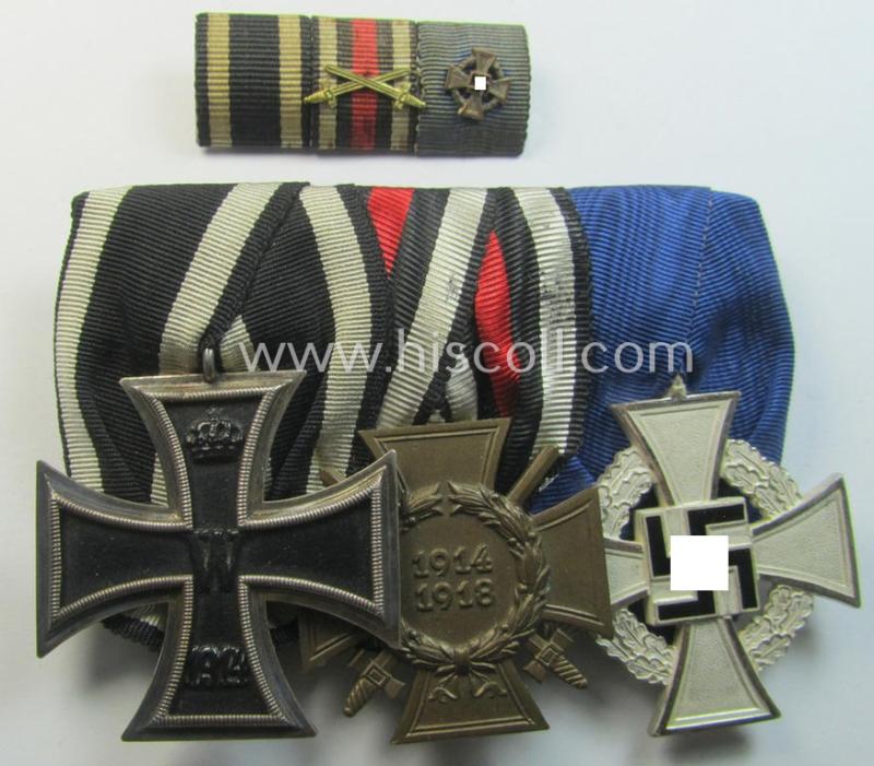 Three-pieced 'WWI'- and/or TR-related medal-bar-set (ie. 'Ordenspangesatz') resp. depicting a WWI-period: 'EK II.Kl.', a: 'FKK 1914-18' and a: 'TD-Ehrenzeichen der 2.Kl.' (and that comes with its accompanying 'Band-/Feldspange'!)