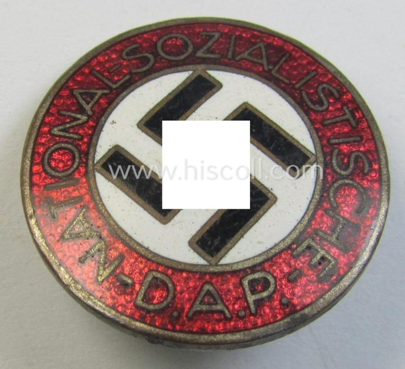 Attractive - bright-red-coloured and nicely preserved! - 'N.S.D.A.P.'-membership-pin- ie. party-badge (or: 'Parteiabzeichen') which is maker-marked on its back with the makers'-designation: 'RzM' and/or: 'M1/120'