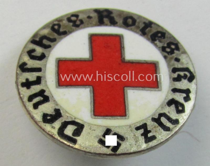 Neatly enamelled, so-called: 'Deutsches Rotes Kreuz' (ie. DRK-) membership-pin (ie. 'Zivilabzeichen') being a nicely preserved example that is marked on its back with a: 'Ges.Gesch.'-patent-pending-marking
