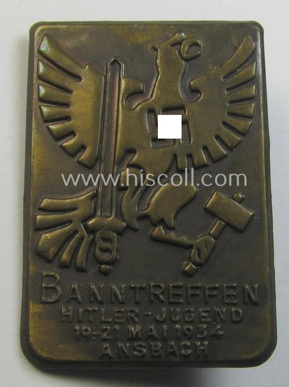 Attractive - and actually scarcely encountered! - darker-bronze-toned HJ ('Hitlerjugend') related 'tinnie' being a non-maker-marked example showing the text: 'Banntreffen Hitler-Jugend - 29.-21. Mai 1934 - Ansbach'