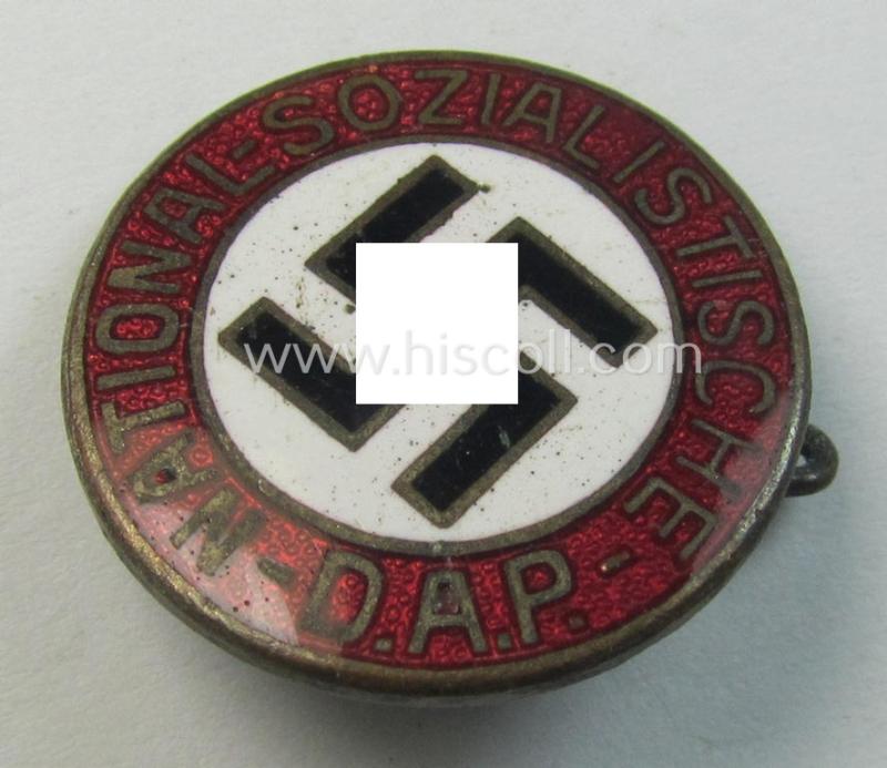 Attractive - darker-red-coloured and very nicely preserved! - 'variant'-pattern 'N.S.D.A.P.'-supporter-pin- ie. party-badge (or: 'Parteiabzeichen') being a smaller-sized(!) specimen that shows a 'Ges.Gesch.'-patent-pending-designation