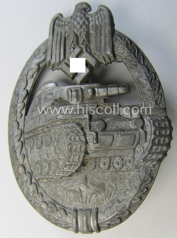 Attractive - and moderately used! - 'Panzerkampfabzeichen in Silber' (or: silver-class panzer-assault badge or PAB) being a non-maker-marked- and/or hollow zinc- (ie. 'Feinzink'-) based example as was produced by the: 'Paul Meybauer'-company