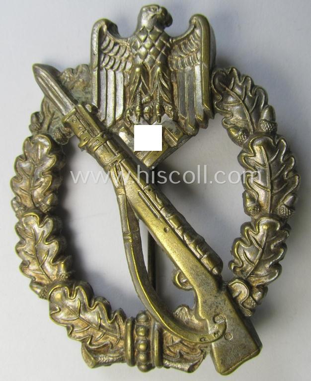Stunning - and ususually seen! - 'hollow-back'-pattern 'Infanterie Sturmabzeichen in Silber' being a non-maker-marked example as executed in silver-toned metal (ie. 'Buntmetall' ie. Tombak) as was produced by the: 'Wilh. Deumer'-company