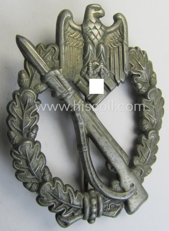 Attractive, 'Infanterie Sturmabzeichen in Silber' (or: silver-class infantry-assault-badge ie. IAB) being a non-maker-marked, 'Feinzink'-based so-called: 'hollow-back'-example as was produced by the: 'Otto Schickle'-company