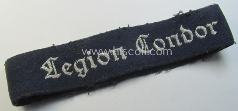 Attractive - and scarcely found! - example of a WH (Luftwaffe) cuff-title ie. armband (ie. 'Ärmelstreifen') entitled: 'Legion Condor' (being a hand-embroidered officers'-pattern example that comes in a truly worn and/or tunic-removed, condition)